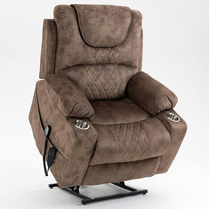 Recliner Lift Chairs for Elderly, 180 Degrees Lay Flat Recliner Chair with Heat and Massage and Cup Holder for Adults 400 lb Capacity (Brown Velvet)