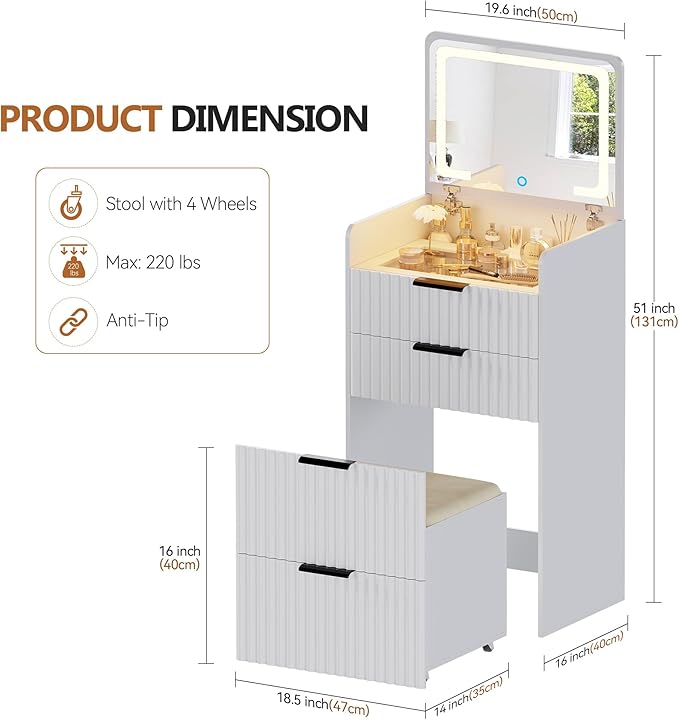 LED 3 in 1 Vanity Desk with Flip Top Mirror, Small Makeup Table with Glass Desktop, Compact Dressing Table with Storage and Cushioned Stool with Wheels, 3 Drawers, for Bedroom White