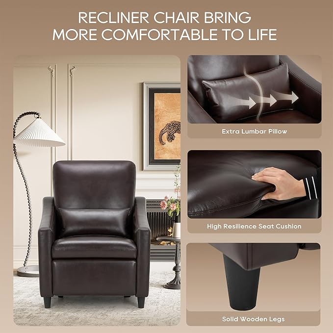 COLAMY Pushback Electric Recliner Chair, Premium Leather Upholstery with Adjustable Angles, Extra Lumbar Pillow, Built-in Charging Port, Business-Casual Style for Living Room（Brown