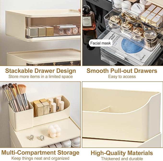 DASITON Makeup Organizer for Vanity with 2 Drawers, Stackable Cosmetic Organizer with Makeup Brush Holder, Plastic Bathroom Organizer Skincare Storage for Brushes, Eyeshadow, Lotions, Lipstick (Cream)