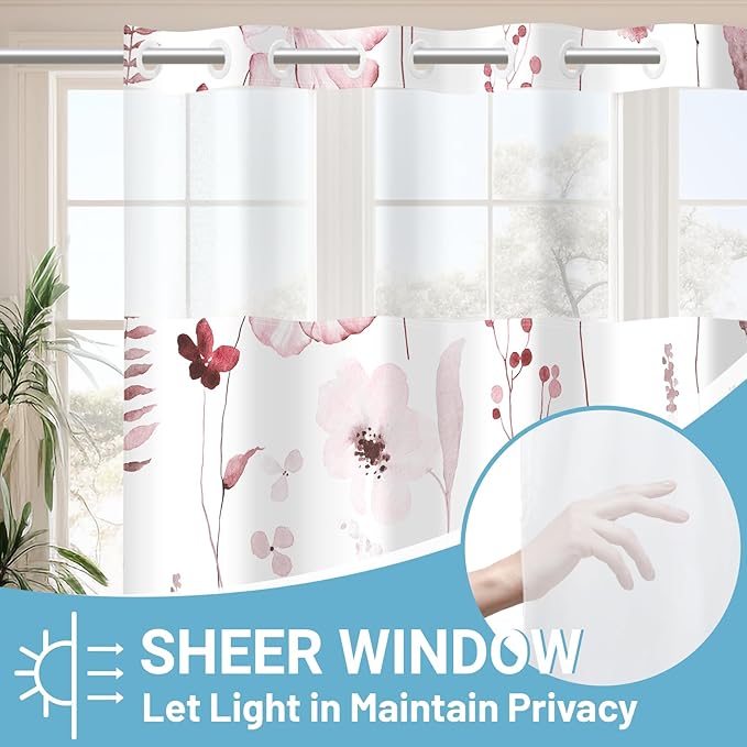 No Hook Shower Curtain with Snap in Liner - Floral Shower Curtain - Fabric Waterproof Inner Liner, Plants Watercolor Burgundy Modern Cloth Shower Curtains - Machine Washable, 71 x 74