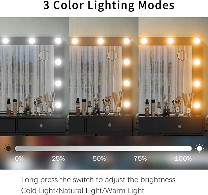 Vanity Desk with Mirror and Lights, 13 Drawers Makeup Vanity with Glass Top, 3 Color Lighting Modes, Makeup Vanity with Chair for Bedroom (Black)