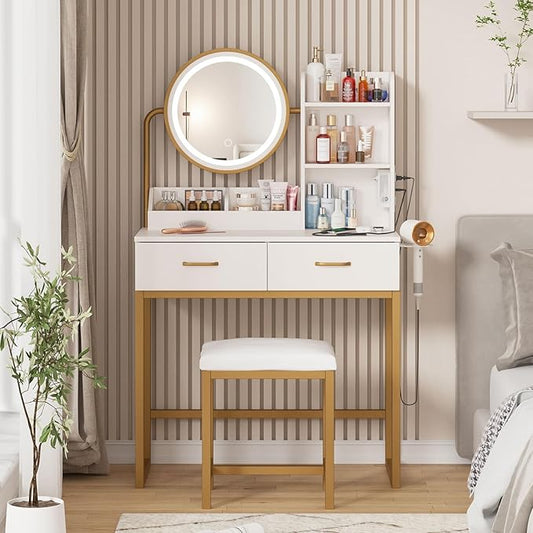 Makeup Vanity with Round Mirror and Lights, White Vanity Makeup Table with Charging Station, Small Vanity Table for Bedroom, 3 Lighting Modes, 31.5in(L)