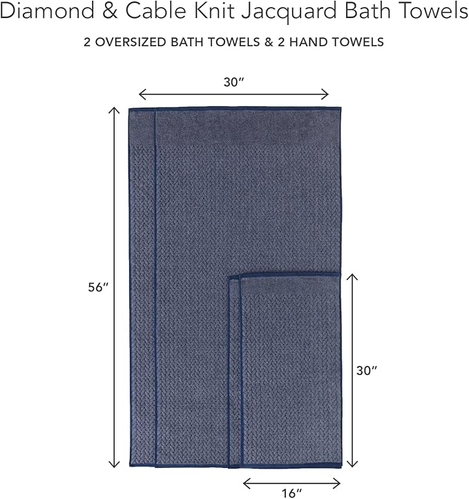 Texere 100% Organic Cotton Jacquard 650 GSM Premium Bath Towel Sets - Extra Absorbent Quick Dry and Plush (Cable, Estate Blue, 2 Bath & 2 Hand Towels)