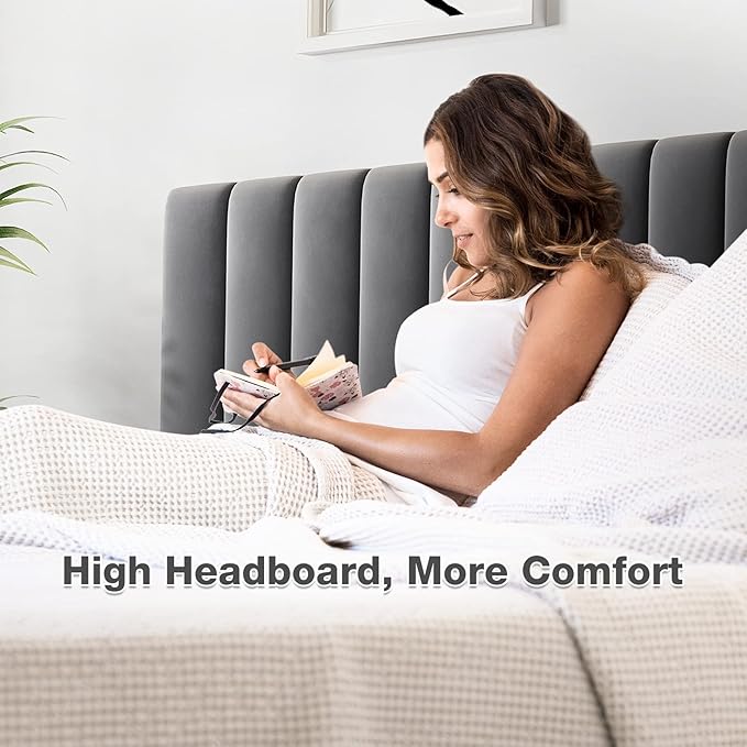 IDEALHOUSE Full Bed Frame with Velvet Headboard Adjustable, Strong Wooden Slat Support, No Box Spring Needed, Noise Free Sleep,Easy Assembly, Dark Grey