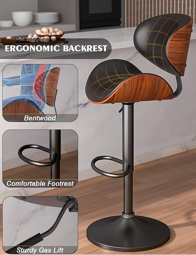 Bar Stools Modern PU Leather Adjustable Swivel Barstools, Kitchen Counter Bar Stool, Island Barstool with Back Set of 2(Black)