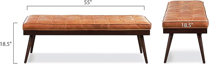 POLY & BARK 55" Tufted Leather Bed Bench for Bedroom End of Bed - Living Room Entry Way Bench - Pure Italian Leather Upholstery with a Solid Wood Frame - Ottoman Bench with Wooden Legs - Cognac Tan