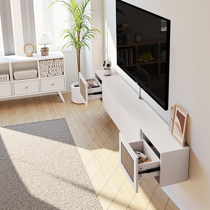 Pmnianhua Boho Floating TV Stand 55", Modern Wall Mounted Media Console with Cotton-Rayon Doors for Under TV Shelf,Entertainment Center,Living Room,Bedroom(White)