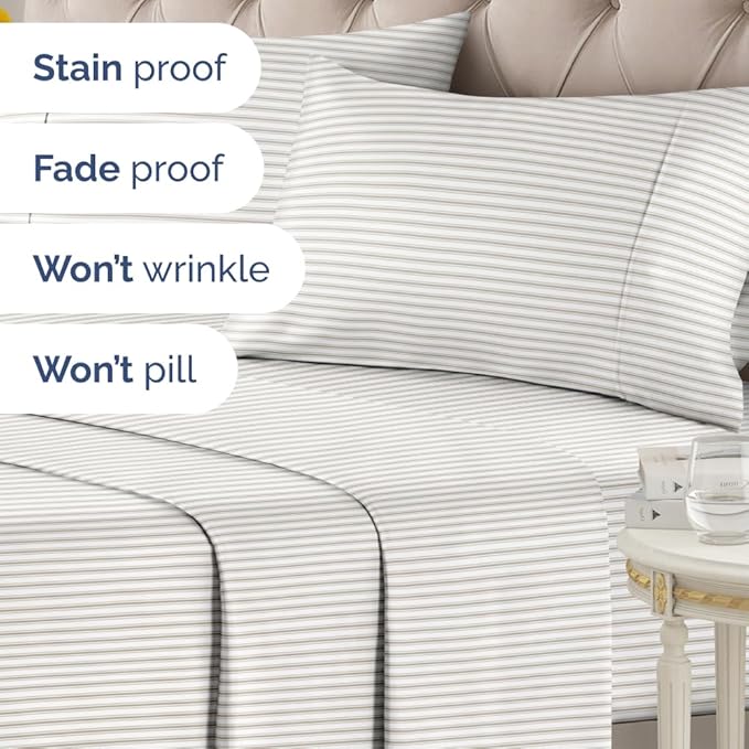 Grey Striped Sheets - 1 Flat & 1 Fitted Sheet & 2 Pillowcases w/ Deep Pockets - Comfy, Cozy, Wrinkle & Fade Resistant - Ultra Soft, Breathable and Cooling - Luxury Pinstripe Bedding - King Size