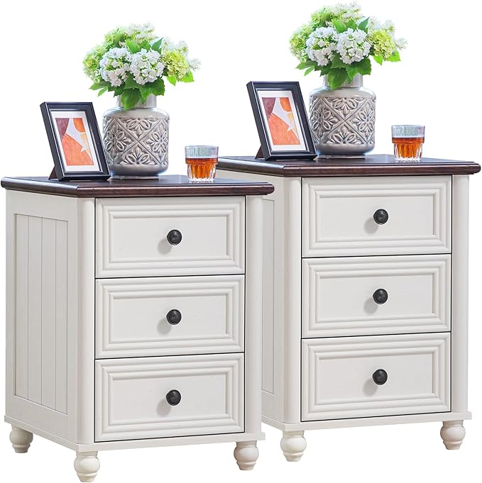 18" Farmhouse Night Stand Set of 2, White Wood Nightstand with 3 Drawers, Bedside End Table with Storage and Roman Column, Bed Side Tables Cabinet for Bedroom, Living Room, and Closet