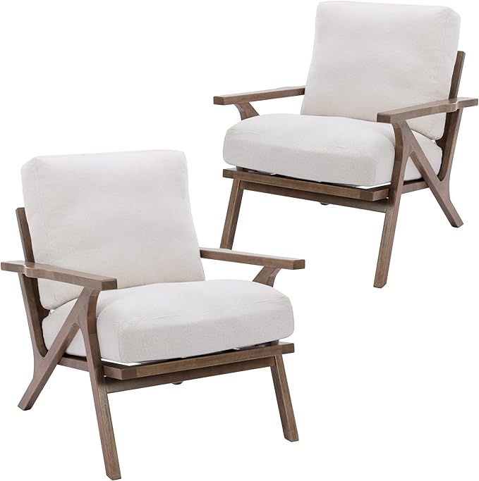 Wahson Set of 2 Mid Century Chair, Upholstered Accent Armchairs, with Wood Frame and Linen Cushions, Leisure Slipper Chair for Living Room/Bedroom, Cream
