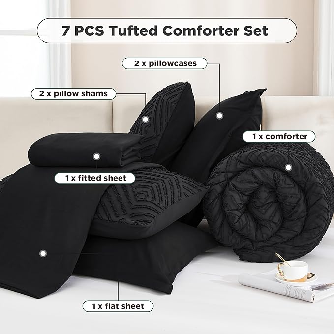 Andency California King Comforter Set with Sheets Black - 7 Pieces Bed in a Bag Cal King Boho Lightweight Fluffy Tufted Bedding Sets with Comforter, Sheets, Pillowcases & Shams