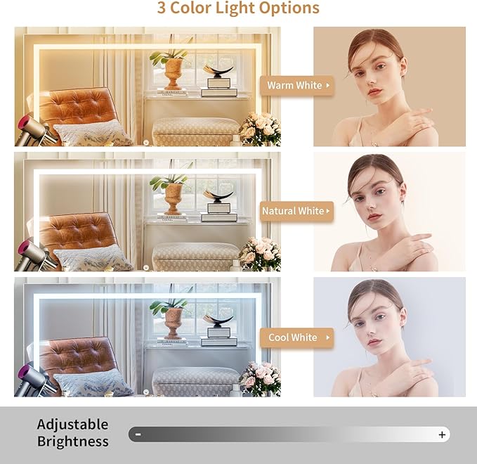 VOWNER Vanity with Lighted Mirror - Glass Top Makeup Desk with Power Outlet and 9 Drawers, 3 Color Lighting Modes Adjustable Brightness, 43" Vanity Desk with Soft Cushioned Stool for Bedroom, Marble