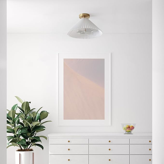 GLOBE Electric x Novogratz 66000085 2-Light Flush Mount Ceiling Light, Matte Brass Finish, Off-White Pleated Fabric Shade, Bedroom Lighting Fixtures Ceiling, Lighting for Hallway or Dining Room