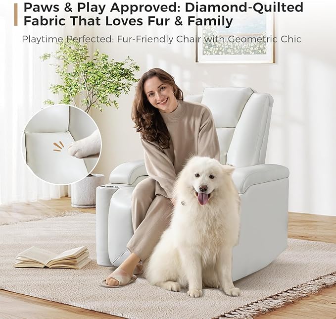 ANJ White Power Recliner Chair Electric Home Theater Seating Soft Leather Movie Chair for Living Room Overstuffed Single Reclining Sofa with Hidden Arm Storage, Cup Holders and USB Ports (Cream White)