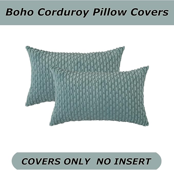 Kevin Textile Throw Pillow Covers Soft Corduroy Decorative Set of 2 Boho Striped Pillow Covers Pillowcases Farmhouse Home Decor for Couch Bed Sofa Living Room 12x20 Inch Dusty Green