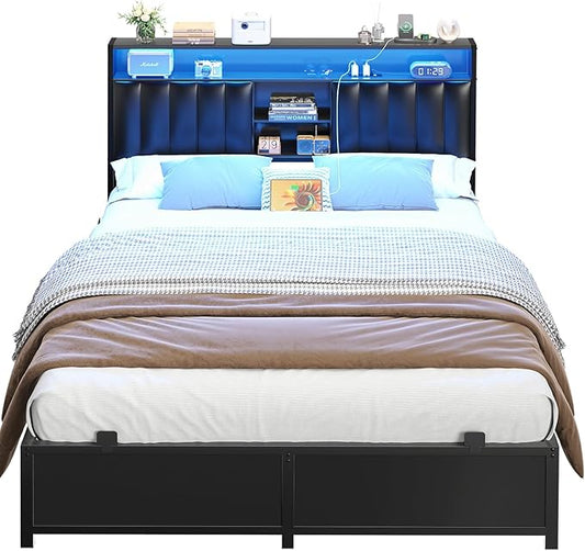 Aheaplus Full Size Bed Frame with Charging Station & Led Light, Platform Bed with Leather Upholstered Headboard and Storage, Metal Slats Support, No Box Spring Needed, Noise-Free, Black