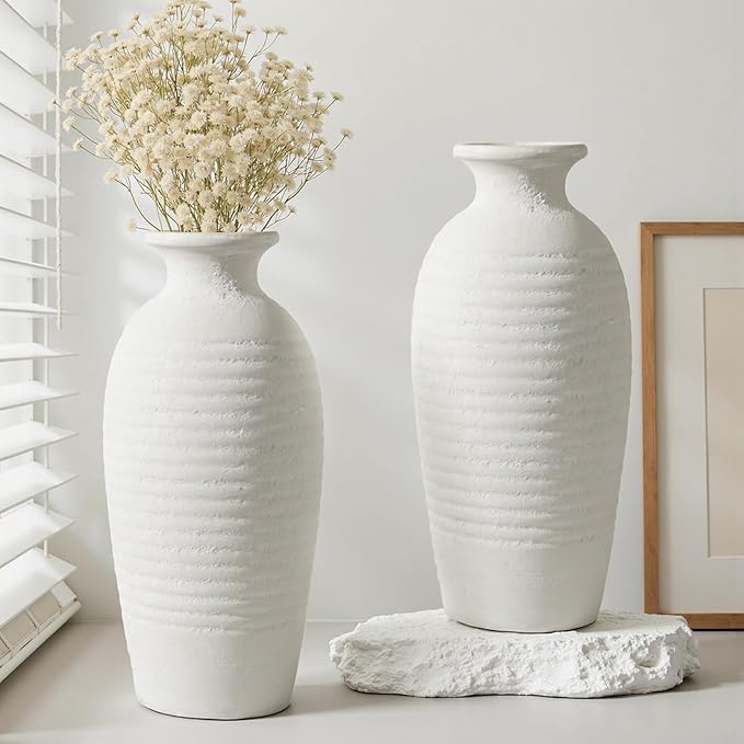 Rustic Ceramic Threaded White Vase, 14.4" H Tall Vases for Centerpieces,Handmade Large Decorative Vase for Living Room Decor,Vintage Farmhouse Pottery Flower Vase for Entryway Fireplace|Off-White