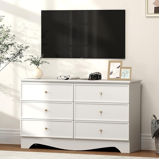 Bonzy Home White 6 Drawers Dresser, Modern Wide Chest of Drawers Dresser with Golden Handles, Wood Storage Organizer for Bedroom, Living Room, Hallway