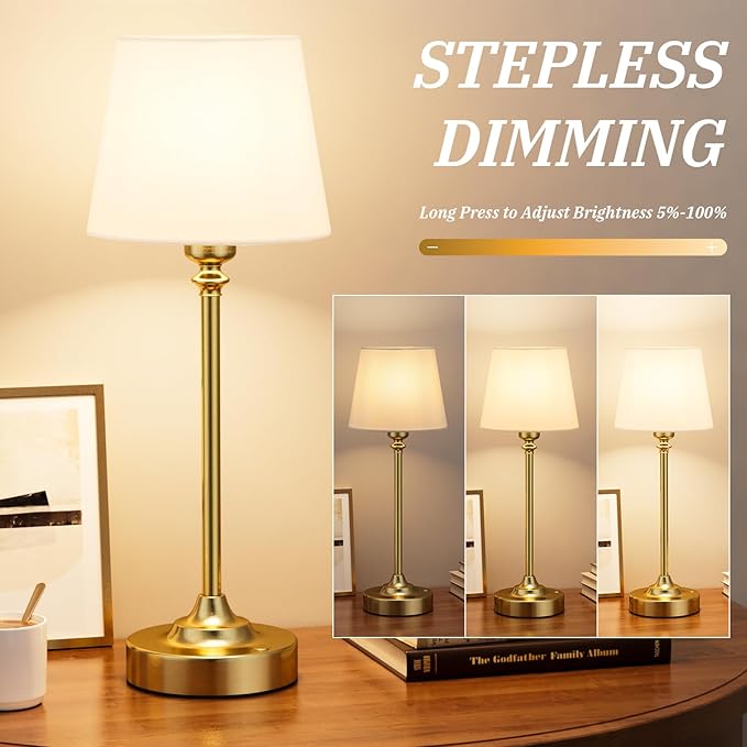 Cordless Table Lamp Rechargeable Gold - 1 Pack Brass 4000mAH Battery Operated Lamp for Decor, 3000K Stepless Dimming Touch Control Wireless Lamp for Bedroom, Dining Table, Counter, Living Room
