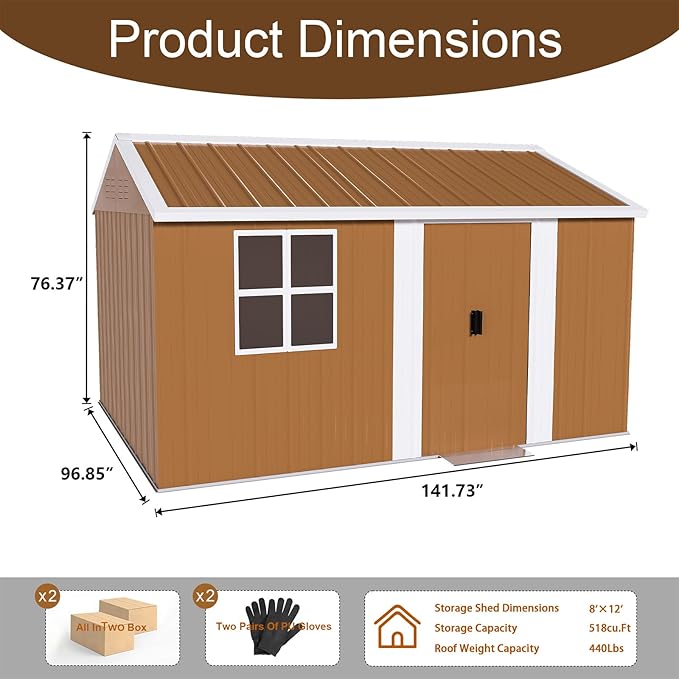 8x12 FT Outdoor Storage Shed, Metal Tool Storage with Updated Frame Structure, Vertical Outside Storage Building, Ventilation, Sloped Roof, Metal Garden Shed for Backyard, Lawn, Patio (8x12 FT)