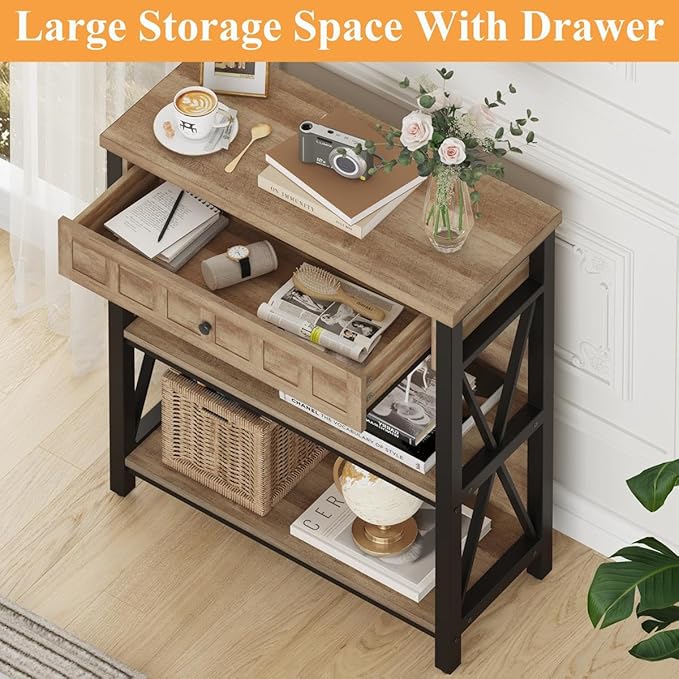 FATORRI Rustic Bookshelf with Drawer, Industrial Wood and Metal Bookcase, Small Short Book Shelf and Low Book case for Small Space (Rustic Oak)