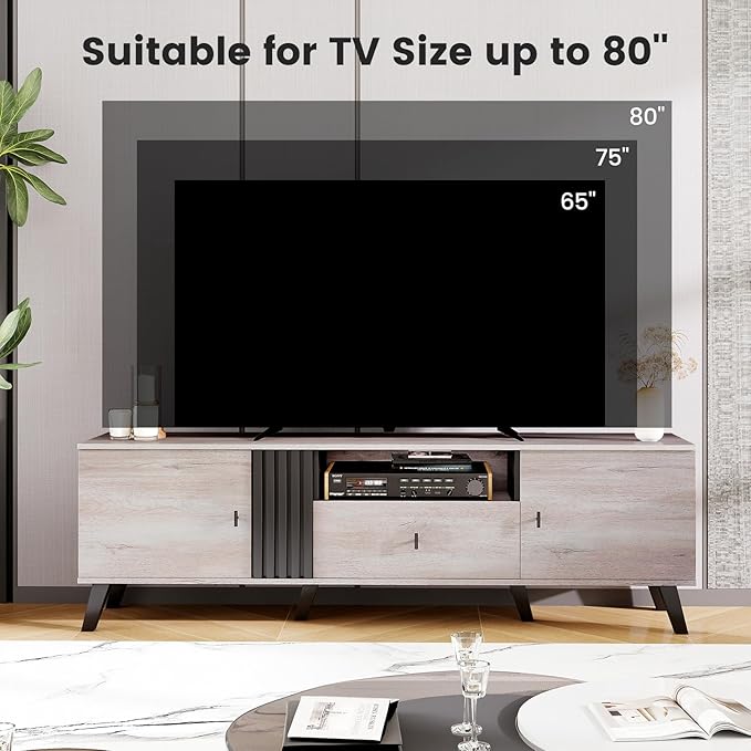 Giantex Mid Century ModernTV Stand for 65-80 Inch TV, Wood Entertainment Center with Storage Drawer, 2 Side Cabinet &Open Shelf, TV Console Table for Bedroom, Living Room