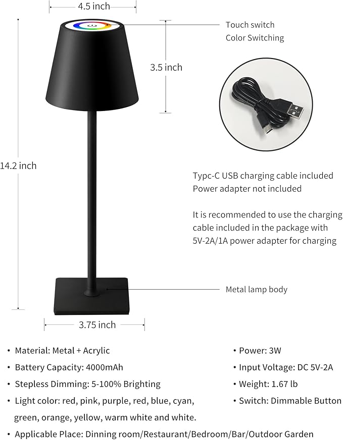 KDG 2 Pack Cordless Table Lamp, RGB Color Stepless Dimming Up, 4000mAh Battery Operated Portable LED Desk Lamp, for Dinning Room, Bedroom, Bar, Outdoor Garden, Camping, Night Light (Black)