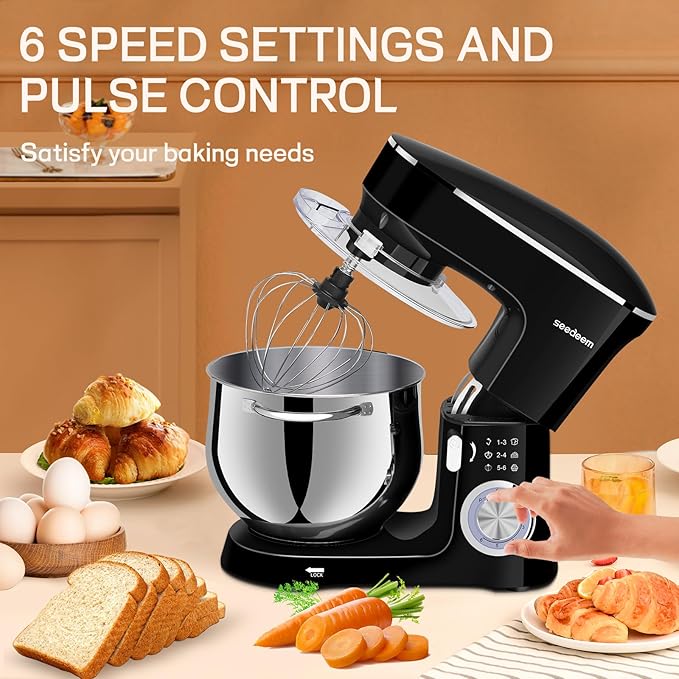 SEEDEEM 8.5 Qt Stand Mixer, 660W 6+P Speeds Electric Stand Mixer, Tilt-Head Kitchen Mixer with Dishwasher-Safe Dough Hook, Wire Whip & Beater for dough mixer Baking Daily Use, Black