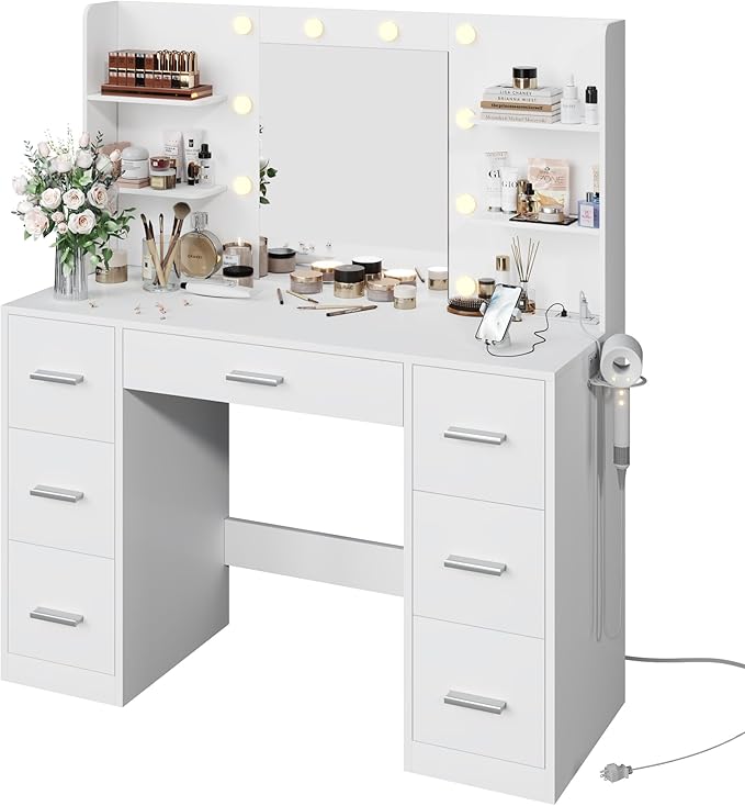 YESHOMY Vanity Desk with Mirror, Power Outlet and 10 Lights, Makeup Table with 7 Drawers, 3 Color Modes Available for Bedroom, White