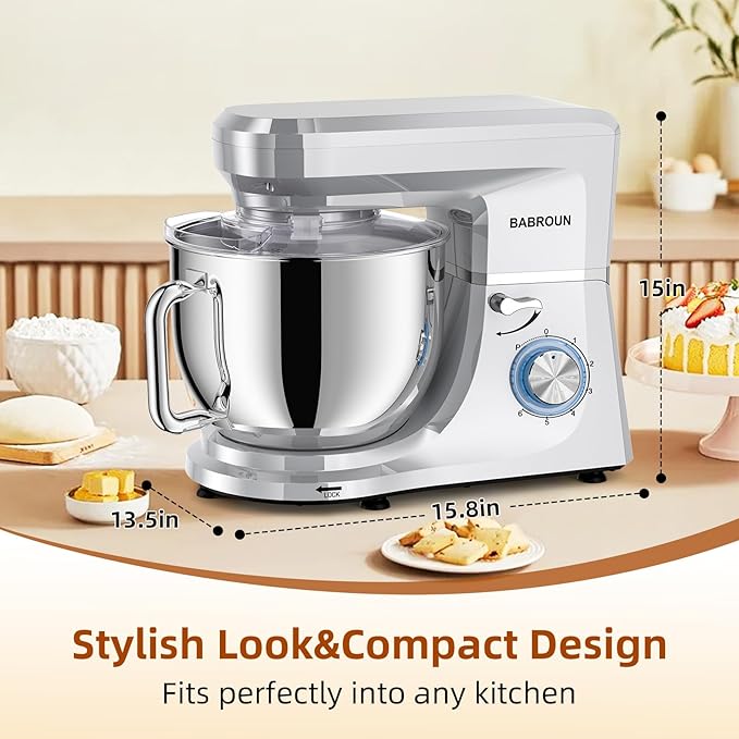 8.45 QT Stand Mixer - 660W 6 Speed Large Capacity Kitchen Electric Mixer with Whisk Dough Hook Mixing Beater Household Food Mixer for Baking Cakes Cookie Bread Salad (Silver)