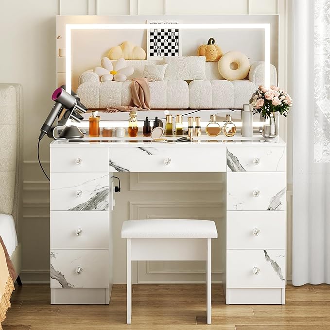 VOWNER Vanity with Lighted Mirror - Glass Top Makeup Desk with Power Outlet and 9 Drawers, 3 Color Lighting Modes Adjustable Brightness, 43" Vanity Desk with Soft Cushioned Stool for Bedroom, Marble
