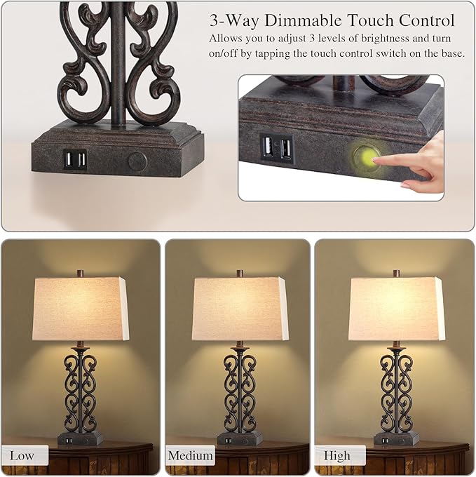 25" Set of 2 Touch Modern Resin Table Lamps for Living Room with Dual USB Ports, 3-Way Dimmable Rustic Bedside Lamps, Farmhouse Nightstand Lamp for Bedroom Office Decor, 2 Bulbs Included