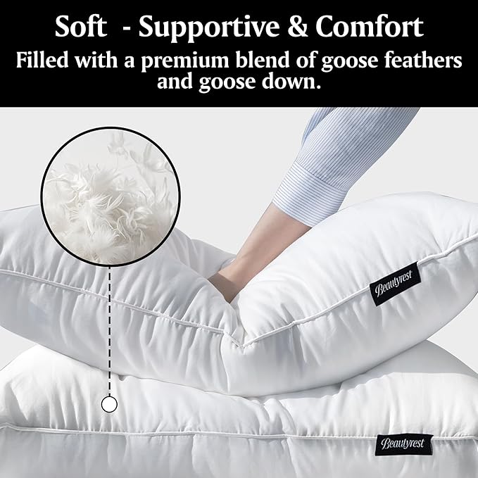 Beautyrest Luxury Goose Feathers Soft, 500 Thread Count Cover 20”x28”, Queen (Pack of 2), Supportive Fluffy Hotel Collection Side and Back Sleepers Bed Pillow, White 2
