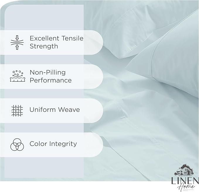 Linen Home 100% Cotton Percale Sheets California King Size, Blue Duck Egg, Deep Pocket, 4 Pieces Set - 1 Flat, 1 Deep Pocket Fitted Sheet and 2 Pillowcases, Crisp Cool and Strong Bed Linen