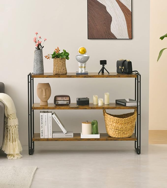 HCHQHS 3-Tier Rustic Wood and Metal Industrial Bookshelf for Home Office, Bedroom, Kitchen, Bathroom - 47in