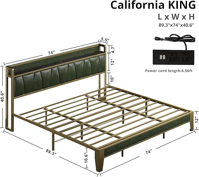 LIKIMIO California King Bed Frame, Storage Headboard with Charging Station, Solid and Stable, Noise Free, No Box Spring Needed, Easy Assembly (Dark Green)