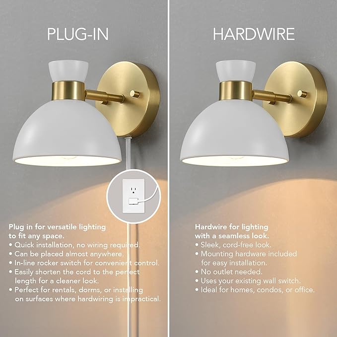 GLOBE Electric 65000099 1-Light Plug-in or Hardwire Wall Sconce, Matte Brass, Matte White Pivoting Metal Shade, 6ft Clear Cord, in-Line Rocker Switch, Wall Lights for Living Room, Bedroom, Den