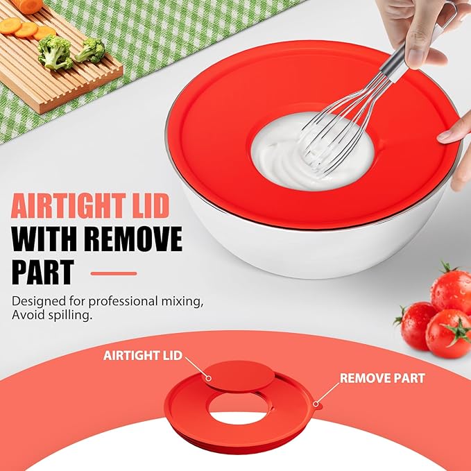 Mixing Bowls with Lids Set, 7 PCS Stainless Steel Mixing Bowls with 3 Grater Attachments, Size 4.5, 4, 3.5, 2.1, 1.5, 1.1, 0.7QT, Ideal for Kitchen Cooking Baking & Serving