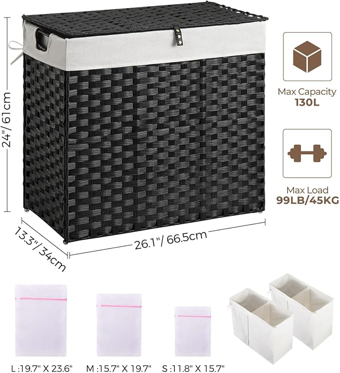 Greenstell Laundry Hamper with lid, No Install Needed, 130L Wicker Laundry Baskets Foldable 2 Removable Liner Bags, 2 Section Clothes Hamper Handwoven Rattan Laundry Basket with Handles, Black