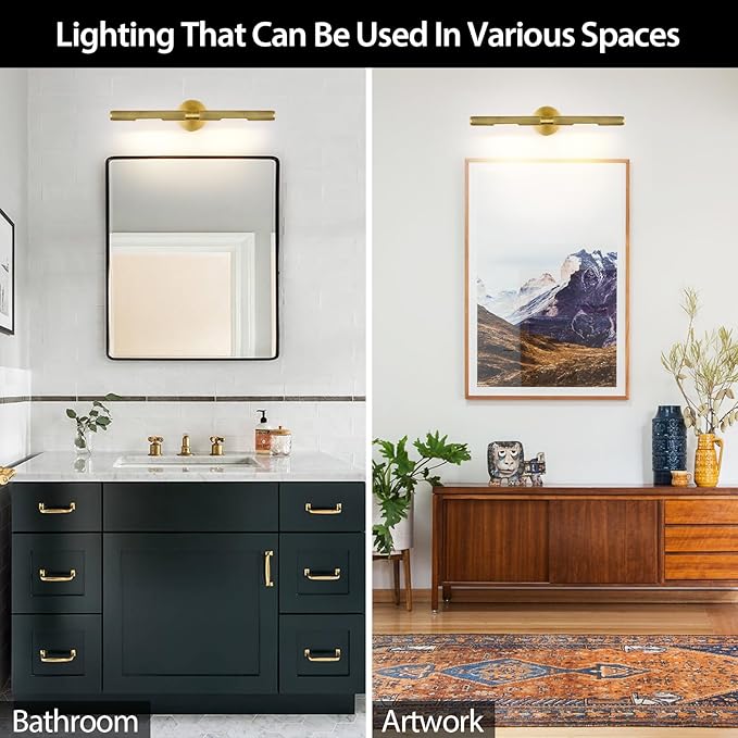 Gold Brass Hardwired Picture Light, 24" Knurled Dimmable Rotatable 360° Picture Lights for Wall, Vanity Light, Gallery Wall Light, Art Lighting, Picture Frame Light,Include Bulb