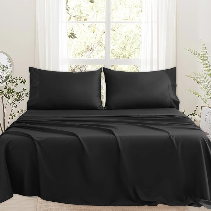 Bedlifes 1000 Thread Count 100% Egyptian Cotton California King Size Sheets Set - Sateen Soft Silky Breathable Luxury Cooling 4 Pieces (Black)