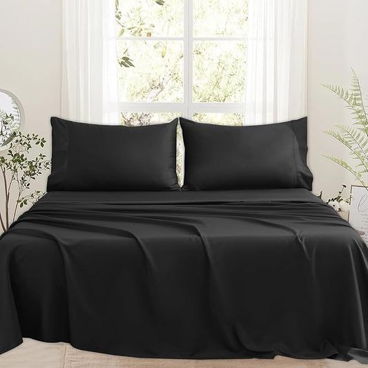 Bedlifes 1000 Thread Count 100% Egyptian Cotton California King Size Sheets Set - Sateen Soft Silky Breathable Luxury Cooling 4 Pieces (Black)
