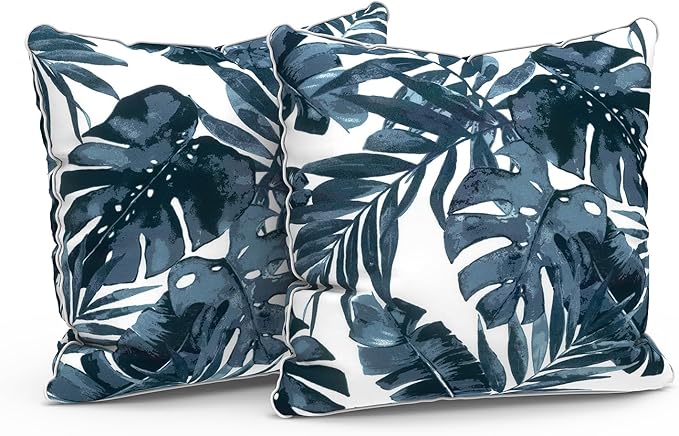 LVTXIII Set of 2 Patio Throw Pillows Waterproof 16"x16" Fade Resistant Outdoor Throw Pillows with Inserts, Fluffy Decorative Garden Toss Pillow Cushions for Home Patio Coach Sofa Use, Palms Blue