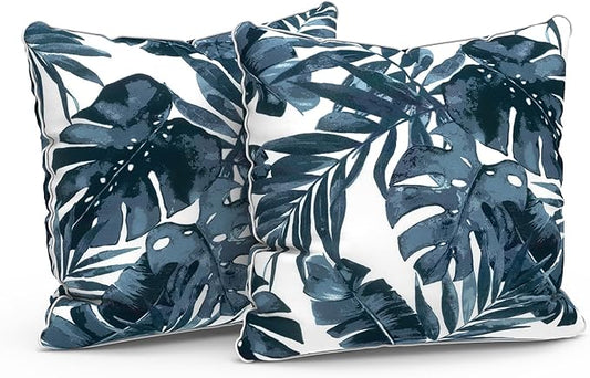 LVTXIII Set of 2 Patio Throw Pillows Waterproof 16"x16" Fade Resistant Outdoor Throw Pillows with Inserts, Fluffy Decorative Garden Toss Pillow Cushions for Home Patio Coach Sofa Use, Palms Blue