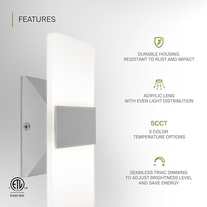 ASD 8 Inch LED Indoor Wall Sconce - Modern Interior 10W 120V 2700K-5000K Adjustable Dimmable Wall Mounted Light Fixtures, Acrylic Glass Wall Lights for Stairway, Hallway - ETL, Brushed Nickel 2 Pack