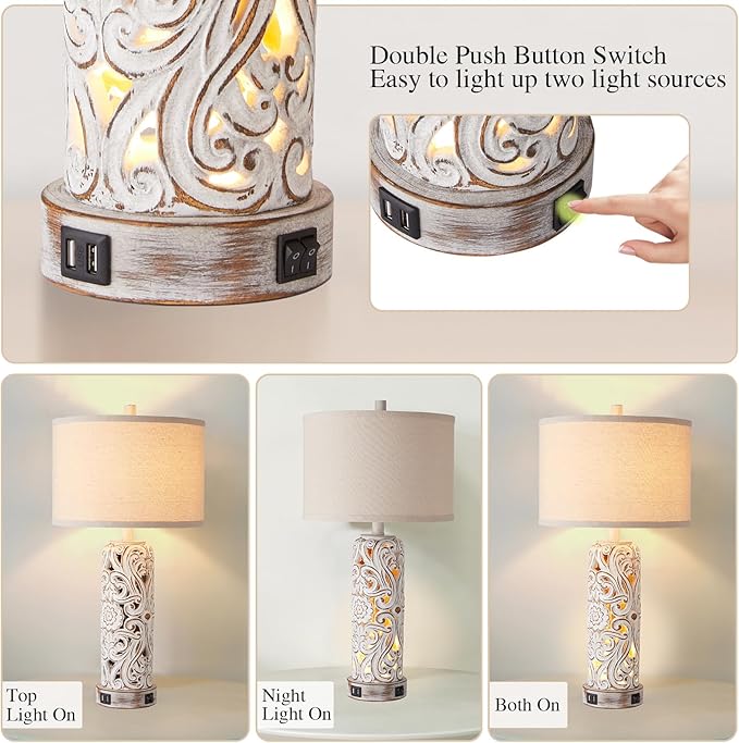 RORIANO Rustic Farmhouse Table Lamps for Living Room Bedroom, Vintage Bedside Lamp with Dual USB Port, Antique White Resin Retro Nightstand Lamps with Night Light, Bulbs Include