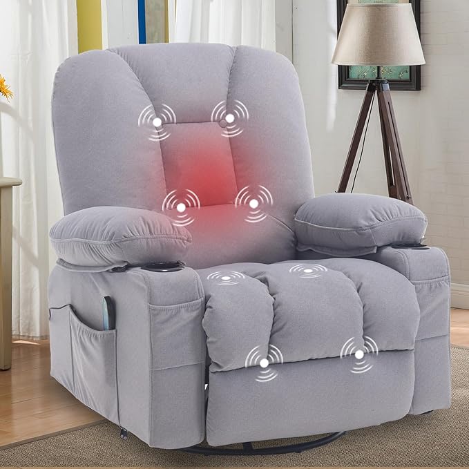 Massage Recliner Chair with Heat for Adults,Overstuffed Rocker Recliners Swivel Glider with Cup Holder Side Pocket, Manual Reclining Fabric Sofa Chair for Living Room