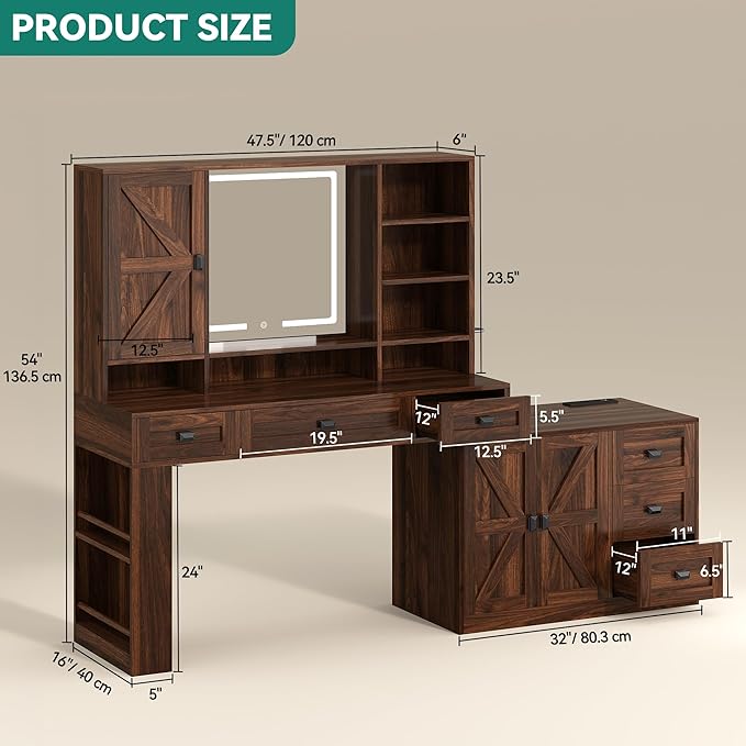 YITAHOME 48'' Farmhouse Makeup Vanity Desk with Mirror and Lights, 68'' 360° Rotation Big Modern Lighted Vanity Table with 6 Drawers & Lots Shelves, Rustic Large Dressing Table, Antique Brown