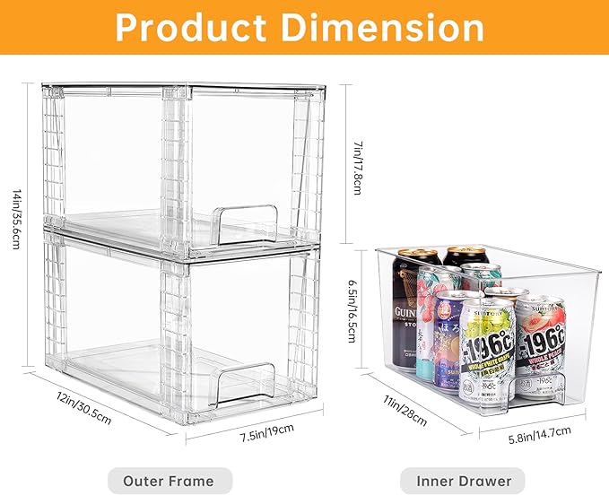 1Pack Large Stackable Kitchen Storage Drawers, Clear Foods Organizer Bins with Handles, Easily Assemble for Bathroom, Kitchen, Pantry, Cabinet, Closet(XL-Down Handle)